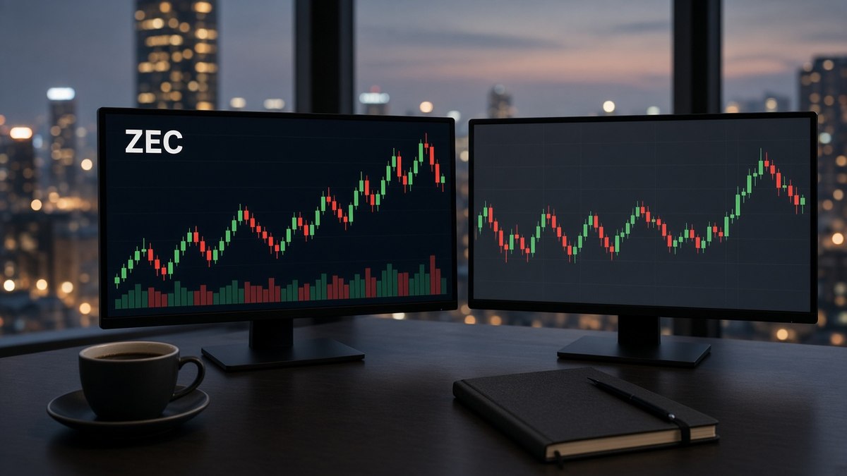 Bir Avrupa borsasındaki aracı kurum masasında ZEC fiyat grafiği ile hisse endeksi grafiğinin yan yana durduğu ekranlar, Zcash ETP ve Fed günü piyasası için temsili görsel