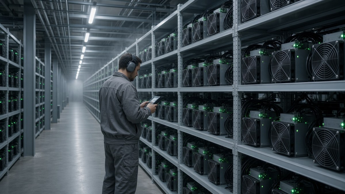 Bir madencilik tesisinde raflara dizili ASIC madencilik cihazlarını kontrol eden teknisyen, Zcash NU7 yükseltmesi için temsili görsel