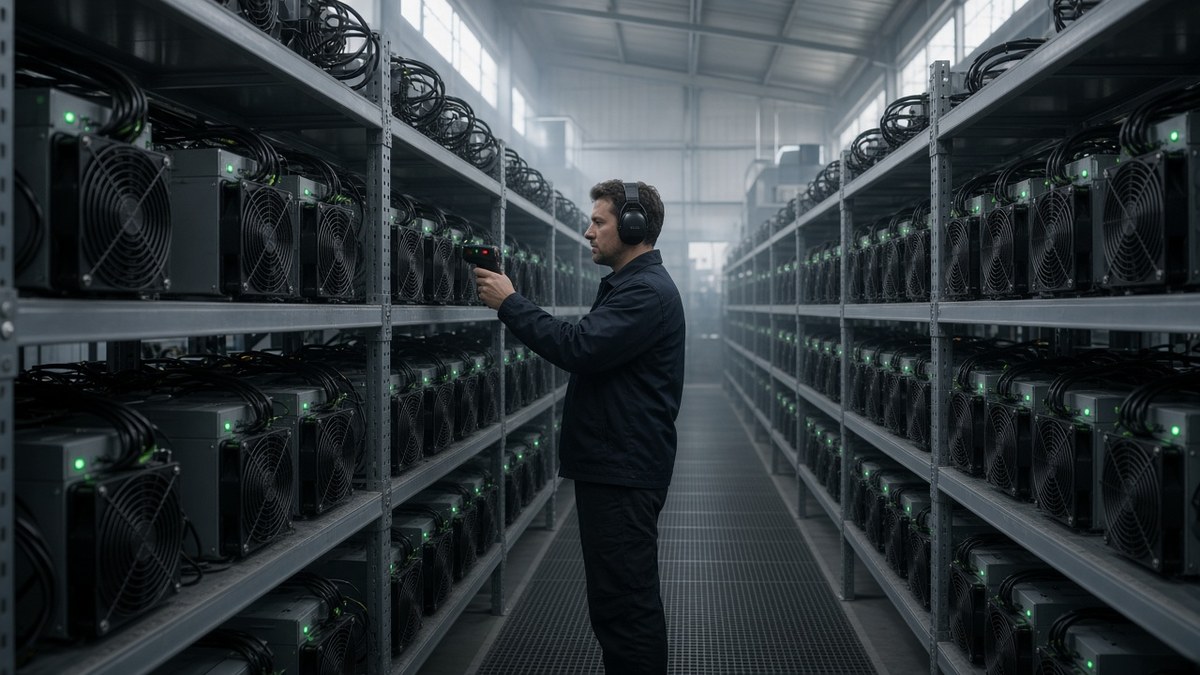 Bir madencilik tesisinde raflara dizilmiş ASIC madencilik cihazlarını kontrol eden teknisyen, Zcash iş kanıtı madenciliği için temsili görsel