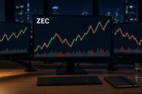 Zcash (ZEC) Nedir? Gizli İşlem, Ironwood ve NU7 Planı 22 Gece bir işlem masasında üç monitörden ortadakinde ZEC mum grafiği ve hacim çubukları, Zcash için temsili görsel