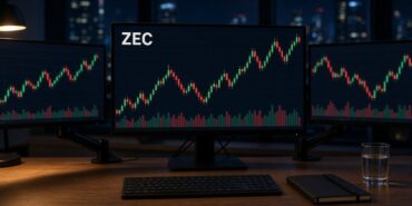 Gece bir işlem masasında üç monitörden ortadakinde ZEC mum grafiği ve hacim çubukları, Zcash için temsili görsel