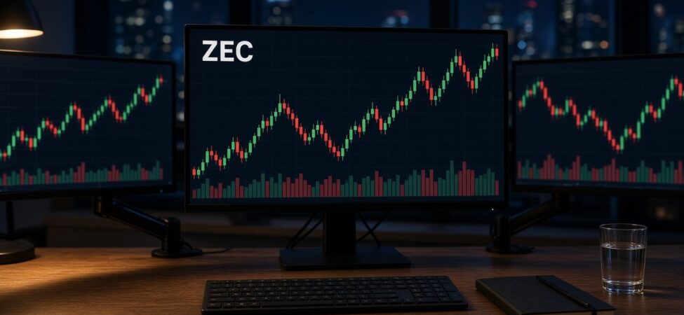 Zcash (ZEC) Nedir? Gizli İşlem, Ironwood ve NU7 Planı 10 Gece bir işlem masasında üç monitörden ortadakinde ZEC mum grafiği ve hacim çubukları, Zcash için temsili görsel