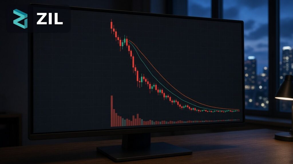 İşlem ekranında uzun bir düşüşün ardından dipte yataylaşan yeşil ve kırmızı ZIL mumları ile hacim çubukları, köşede Zilliqa logosu, Zilliqa CEO istifası ve X-Bridge güvenlik olayı için temsili görsel