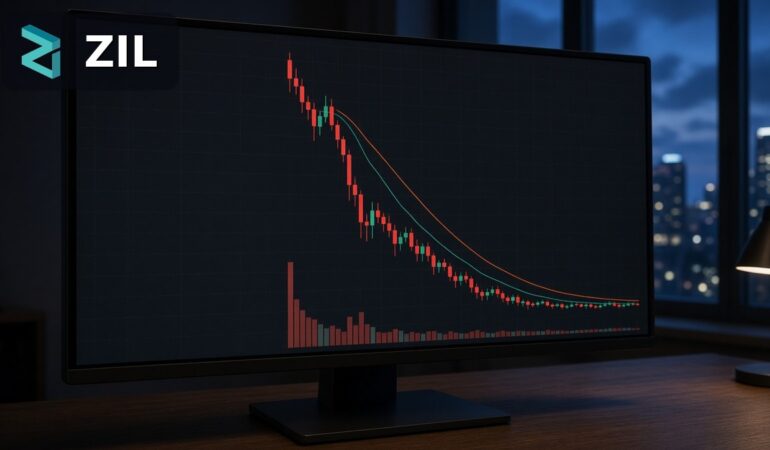 İşlem ekranında uzun bir düşüşün ardından dipte yataylaşan yeşil ve kırmızı ZIL mumları ile hacim çubukları, köşede Zilliqa logosu, Zilliqa CEO istifası ve X-Bridge güvenlik olayı için temsili görsel