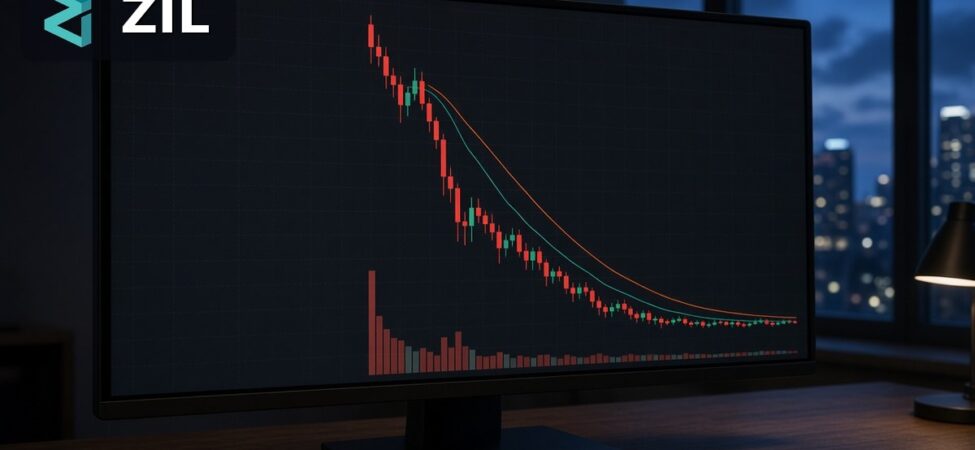 Zilliqa'da Güvenlik Krizi: CEO İstifa Etti, X-Bridge Kapalı 8 İşlem ekranında uzun bir düşüşün ardından dipte yataylaşan yeşil ve kırmızı ZIL mumları ile hacim çubukları, köşede Zilliqa logosu, Zilliqa CEO istifası ve X-Bridge güvenlik olayı için temsili görsel